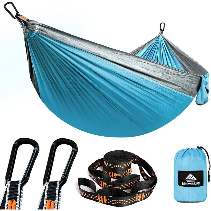 Гамак для кемпінгу NATUREFUN Ultraleicht | 300 кг, 275x140 см, дихаючий, швидковисихаючий, нейлон | 2 карабіни, 2 петлі | для дому, саду, відпочинку
