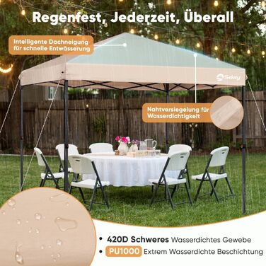 Sekey One-Touch Pop-Up Pavilion 3x3 Waterproof Stable Winter-Proof, Folding Pavilion 3x3m with Thickened Tubes, Party Tent Pavilion Foldable for Camping Festival Party, Khaki