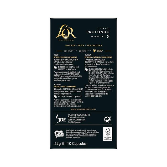 Кавові капсули L'OR Lungo Profondo, сумісні з Nespresso, 100 шт (10 упаковок по 10 капсул)