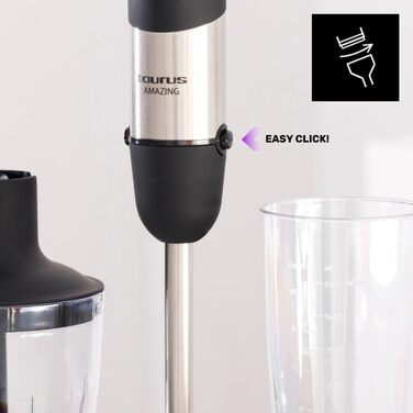 Стабілізатор Taurus Stabmixer 1000W: 20 швидкостей, турбо-функція, 4 леза з нержавіючої сталі, ергономічний дизайн, захист від бризок, аксесуари, нержавіюча сталь, пластик, срібно-чорний