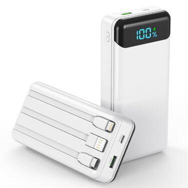 Power Bank Enerwow 27000mAh з USB-C кабелем, 4 виходи/3 входи, LED-дисплей, білий (P300C) - Зовнішній акумулятор для iPhone та інших пристроїв