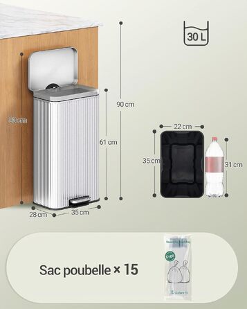 Сміттєвий відер з педаллю Hzuaneri для кухні, 30 л, з вийманим внутрішнім контейнером та системою Soft-Close, нержавіюча сталь, сріблястий (SW13199B)