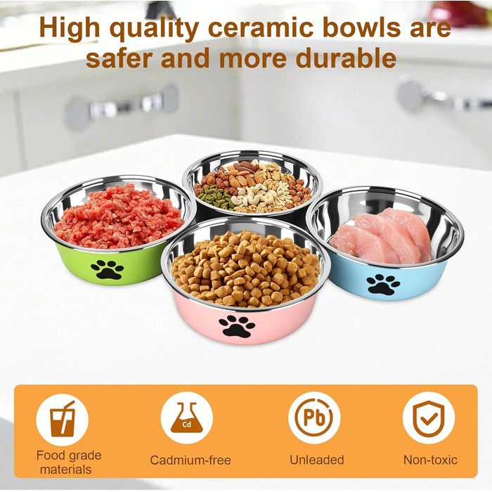 Набір з 4 мисок для собак з нержавіючої сталі з неслизьким силіконовим дном, 900 мл, для корму та води (зелений, сірий, блакитний, рожевий)