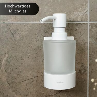 Dolvhin® Soap Dispenser Wall Mount No Drilling | Frosted Glass Hand Soap Dispenser | Stainless Steel Pump Dispenser & Wall Holder | Adhesive Wall Soap Dispenser | Dish Soap Dispenser 250ml | Matte White