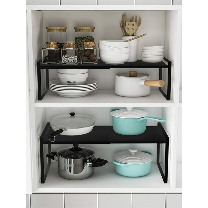 KZOBYD Expandable Kitchen Shelf, Foldable Kitchen Cabinet Shelf Spice Rack Organizer for Dishes and Supplies Stackable Kitchen Storage Organizer for Extra Storage Space (White, ) (Black, M)