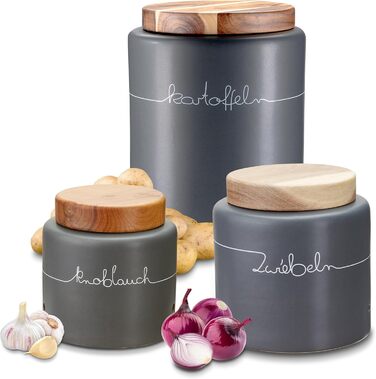 Набір контейнерів для зберігання KHG для кухні антрацитово-сірого кольору з дерев'яною кришкою, контейнери для продуктів з кераміки, стеінгуту, поліровані, з маркуванням, набір органайзерів для кухні, без пластику та світлонепроникні (набір для картоплі, 