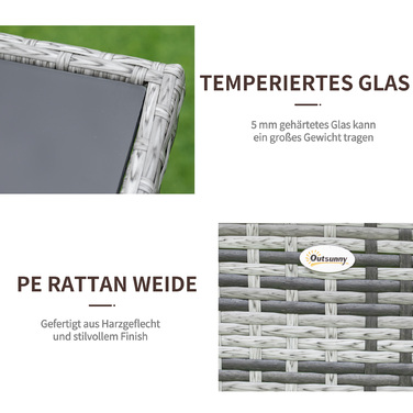 Столовий набір Outsunny з ротангу Polyrattan, скляний стіл 150x85x74 см із захисним склом сірого та чорного кольорів для саду, балкону, тераси