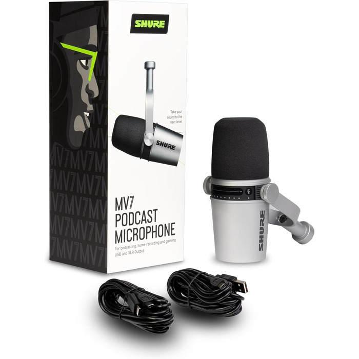 Мікрофон Shure MV7+ для подкастів, стрімінгу та запису - білий (срібний). USB/XLR, LED-сенсор, автоматичне регулювання рівня звуку, цифровий поп-фільтр