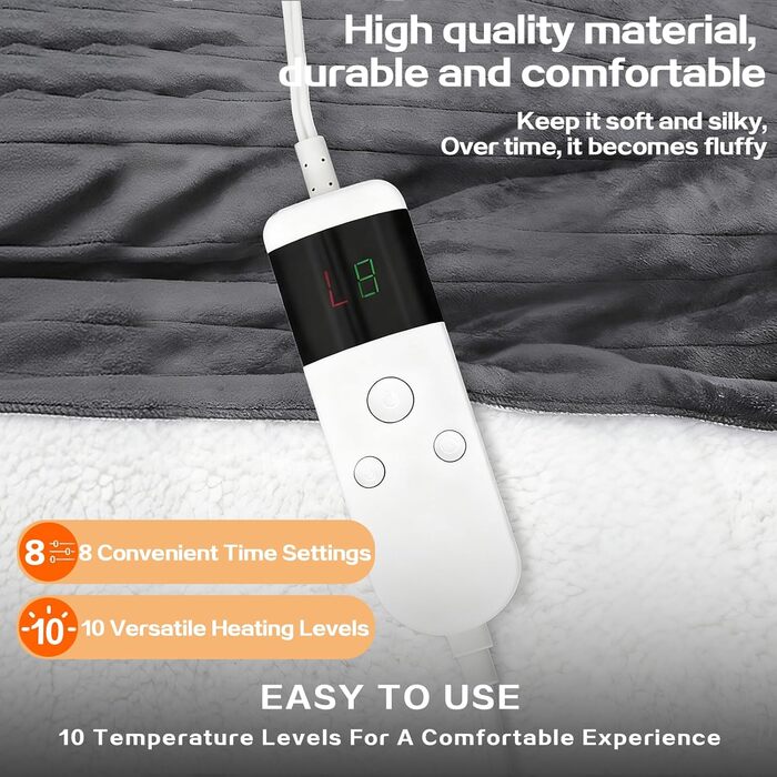 Електрична гріюча ковдра з таймером та захистом від перегріву, 150x180 см, 10 режимів нагріву, Flanell, для ліжка, дивану, офісу (темно-сірий)