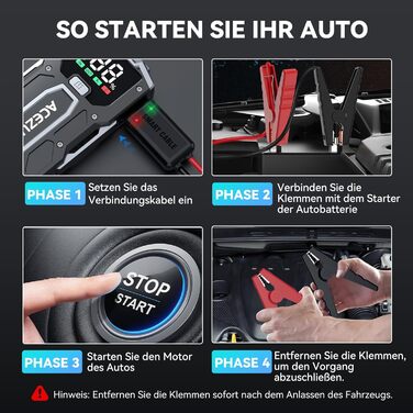 Портативний зарядний пристрій Starthilfe Powerbank 6000A для авто: запуск двигуна, LED-ліхтарик, великий екран, чорний M01