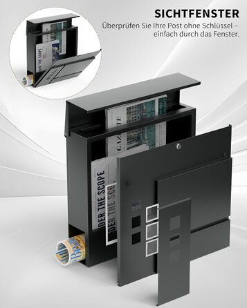 Поштовий ящик антрацит з гравіюванням, персоналізований, 2-в-1, нержавіюча сталь, з табличкою для імені та номера будинку, газетний відсік, подвійний (L)
