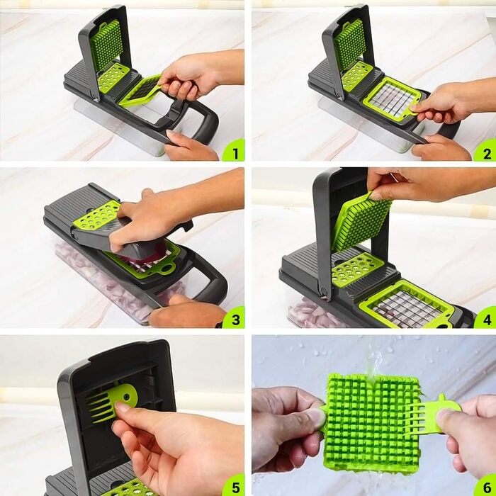 Мандоліна для нарізки овочів ADOV 12-в-1: мультифункціональний овочевий слайсер з захистом рук, з регульованою нержавіючою сталлю, для нарізки цибулі, джулієну та подрібнення картоплі, сиру, фруктів – сірий