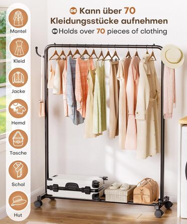 Міцний вішак для одягу на коліщатках Yorbay: металева стійка з полицею для багажу - компактна шафа для спальні, пральні, магазину (чорний, 117 см)