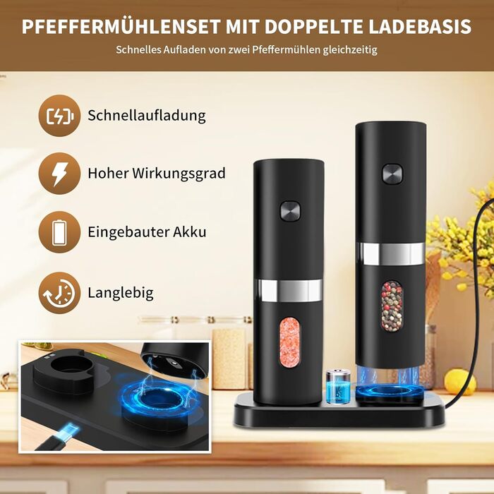Salt and Pepper Shakers Electric 2-Piece Set, Automatic Pepper Grinder with Charging Station, USB Rechargeable Spice Grinder Electric, Adjustable Coarseness, One-Hand Operation, Ceramic Grinder, LED Light