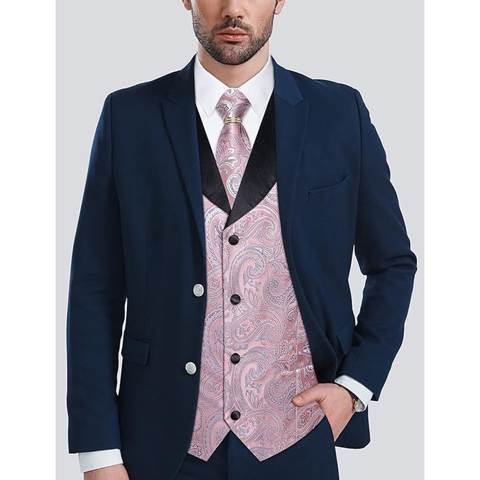 Костюмний жилет DiBanGu (5 шт.): жилет, краватка, нагрудна хустинка, запонки, кільце для краватки. Зелений/Чорний (M, Рожевий)