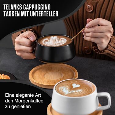 Набір з 4 чашок капучино з блюдцями, 320 мл, кераміка, для капучино, лате, американо та чаю, білий