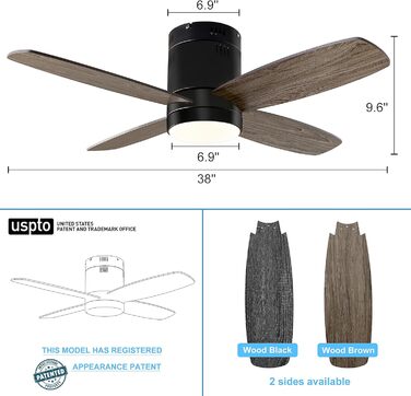 Стелянка вентилятор Ohniyou з підсвіткою та пультом дистанційного керування, 96,5 см (38 дюймів). Тиха, регульована яскравість, для спальні, тераси, внутрішнього та зовнішнього використання (чорний, сучасний)