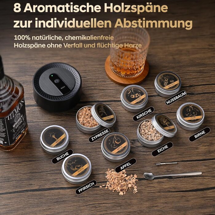 Електричний набір для копчення коктейлів та віскі, ретро-дизайн, 8 дерев'яних чіпсів, USB-C, без полум'я, для віскі, пива, коктейлів, вина, кави, їжі, подарунок для чоловіків