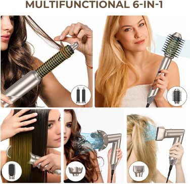 UKLISS 6-в-1 Аirstyler: Іонський фен-щітка з насадкою для локонів, дифузором та щіткою для волосся. Золотий колір. 6-в-1 для створення різноманітних зачісок.