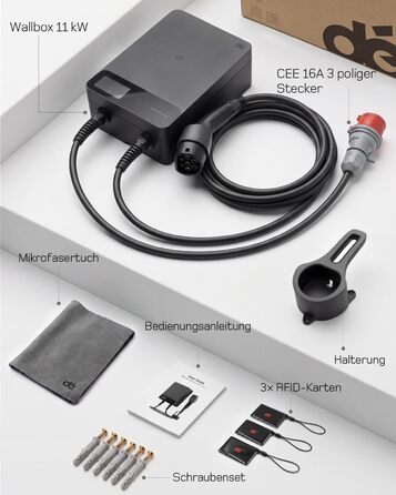 Wallbox 11 кВт з Wi-Fi та кабелем Type 2 7,5м, 3-фазне зарядне для електромобілів (BEV/PHEV), захист RCD Type A 30mA/DC 6mA, IP54, чорний
