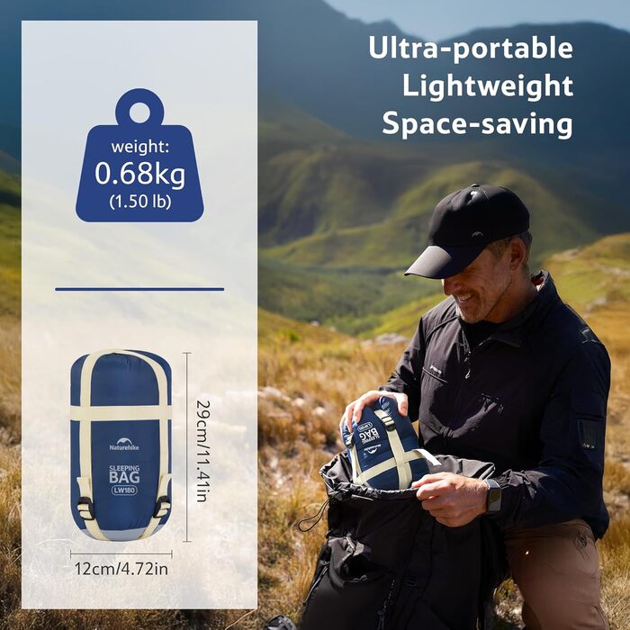 Спальний мішок Naturehike Ultraleicht: ультралегкий, 680/760g, для 3 сезонів, 190x75/205x85 см, для походів, рюкзаків, кемпінгу, комфортна температура 15°C, колір зелений XL (темно-синій/світло-синій)