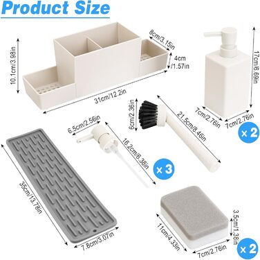 CAUTIOUS 350ML Sink Organizer with Brush, Soap Dispenser Sponge Kitchen Dish Soap Dispenser Set Made of Plastic, Sink Organizer with Two Soap Dispensers, Kitchen Gadget Organizer (white)
