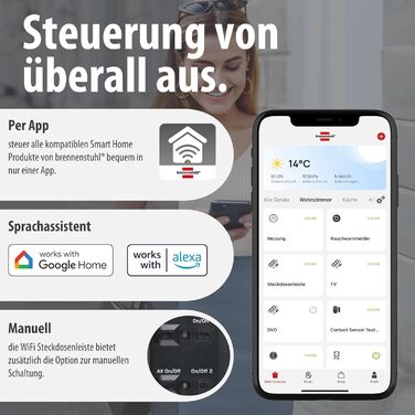 Розумний подовжувач Brennenstuhl Connect Eco-Line WiFi на 6 розеток, керування через додаток, Alexa та Google Assistant, кабель 1.5м, чорний