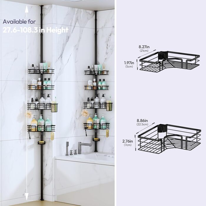 Регульована поличка для душу SWTYMIKI з нержавіючої сталі, 4 яруси, з мильницею, тримачем для зубних щіток та 4 гачками, 70-275 см, чорний (без свердління)