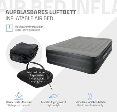 Надувна матрац 2 персони ML-Design 203x157x47 см сірий, сертифікат TÜV, самонадувний з електричною помпою 230V, для кемпінгу, гостьовий двоспальний матрац + сумка для перенесення сірий