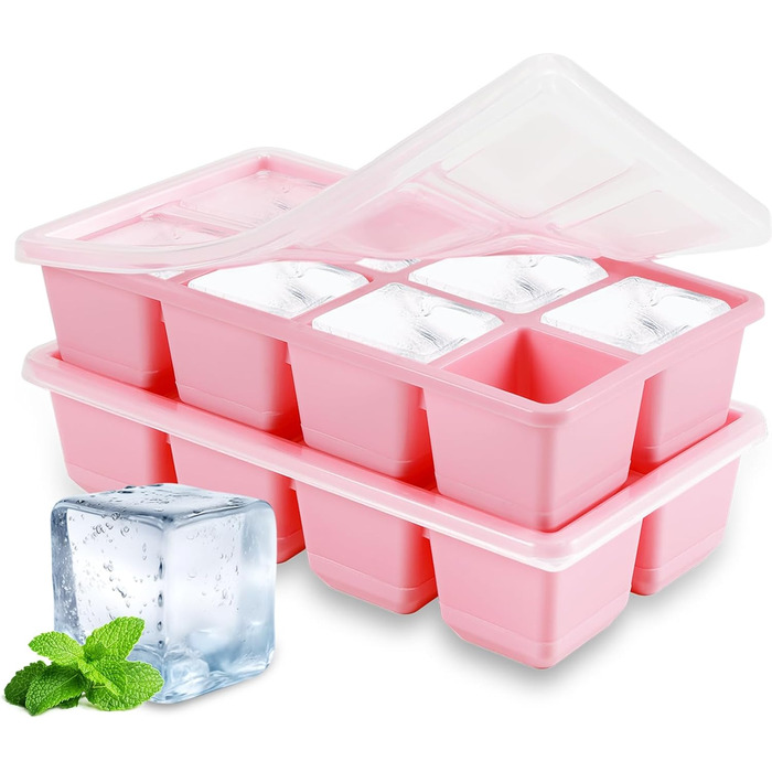 Форми для льоду JRISBO (2 шт.) з кришкою, 4,5 см, BPA-Free, XL, великі кубики льоду з силікону, гнучке дно, рожеві