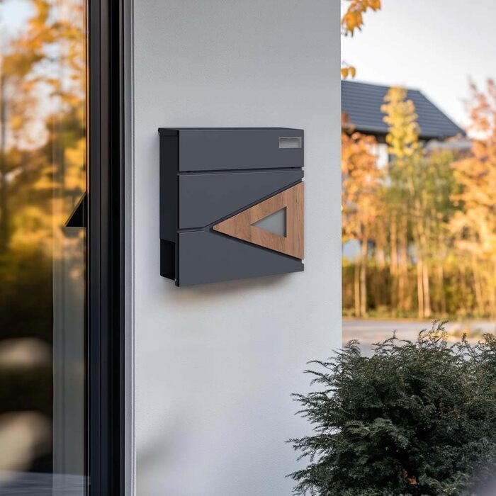 Поштова скринька настінна SCHARTEC SPB-8 антрацит з дерев'яним декором та відділенням для газет, велика, сучасний дизайн