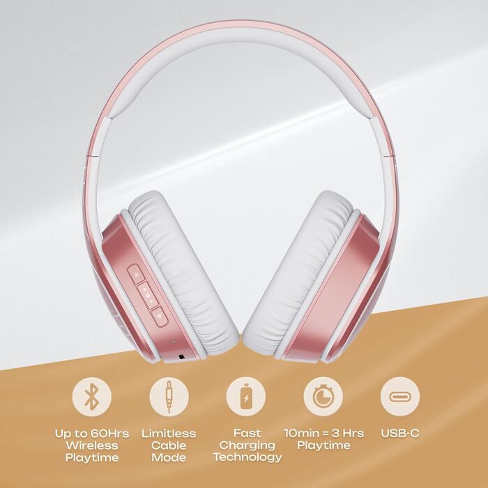 PowerLocus P7 Bluetooth навушники Over-Ear, складні, бездротові з басами, Hi-Fi стерео, з функцією гучного зв'язку, USB-C зарядка, тривалий час роботи, для iPhone/PC/TV (Line Rose Gold)