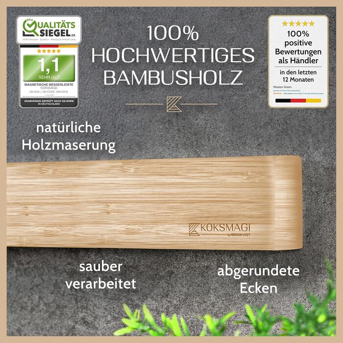 KÖKSMAGI® Bamboo Magnetic Knife Strip (40 cm) - magnetic knife rack with extremely strong magnet for heavy knives - self-adhesive (3M adhesive tape) & with drilling accessories
