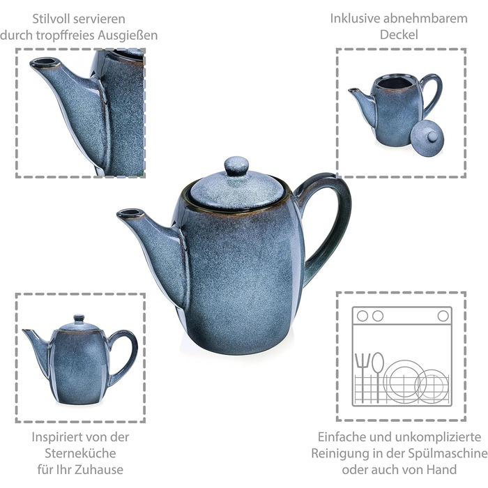 SÄNGER | Darwin 2-Piece Teakettle Set, Teapot with Lid, Drip Catcher Teapot Stoneware, Heat-Protected Pot, Keep-Warm Pot Handmade, Teapot for Loose Leaf Tea & Tea Bags Blue 1.3 L | PREMIUM COLLECTION