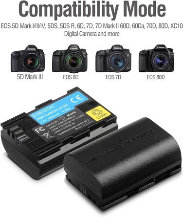 Зарядний пристрій ENEGON LP-E6/LP-E6N 20W з двома акумуляторами (2x3000mAh) для Canon EOS 5D, 6D, 7D, 60D, 70D, 80D, 90D, XC10, XC15. Комплект: 2 акумулятори LP-E6 3000mAh + зарядний пристрій 20W з LCD-дисплеєм