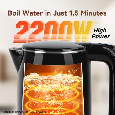 Електричний чайник Aigostar з нержавіючої сталі, чорний, 1.7 л, 2200 Вт - Швидкий кип'ятіння, подвійні стінки, без пластику, індикатор рівня води, автовимкнення, BPA-free, для кухні та офісу
