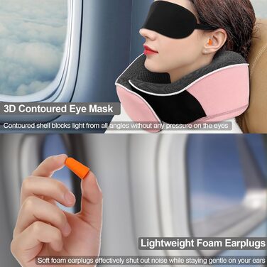 Подушка для шиї з Memory Foam, комплект з маскою для очей, навушниками та чохлом, ергономічна, для подорожей (рожева)