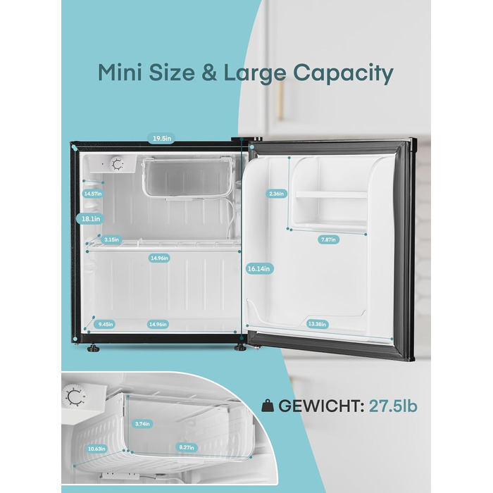 Міні холодильник 46 л з відділенням для льоду, тиха робота 42 дБ, регулювання температури, для кухні, офісу, спальні, готелів та маленьких квартир (колір нержавіюї сталі)