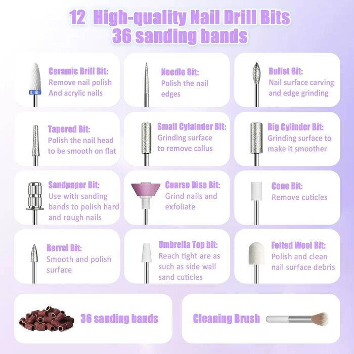 Електричний фрезер для нігтів для гелю, 12 в 1, бездротовий, 25000 об/хв, USB, 5 швидкостей, манікюр/педикюр