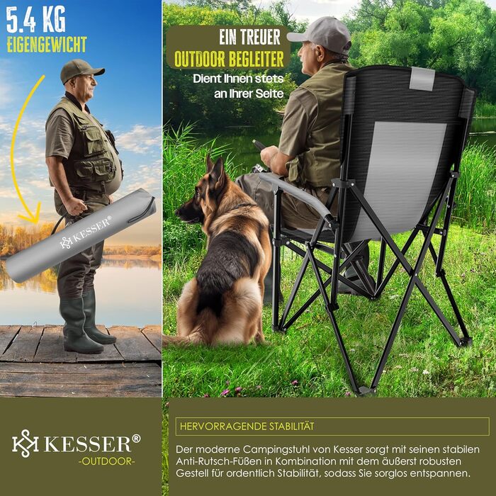 Кресlo для кемпінгу KESSER® з високою спинкою, 160 кг | Стільчик для риболовлі, з підлокітниками, кишенькою для напоїв та світлом | Сірий/Чорний