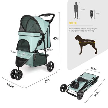 Дитяча коляска для тварин, складна, для котів/собак, з кошиком для зберігання та тримачем для напоїв, 3 колеса, для собак та котів, для маленьких або середніх собак, котів, цуценят (Блакитно-зелений)