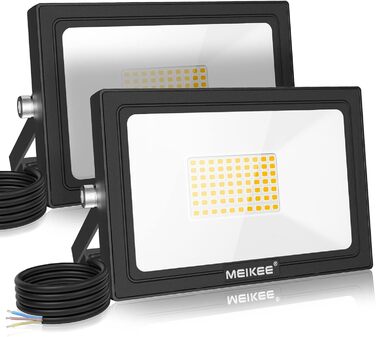 MEIKEE 60W LED Floodlights Outdoor Warm White 2700K 5200LM Super Bright 2 Pack Floodlights IP66 Waterproof Spotlights for Garden, Backyard, Driveway, Doors, Garage, Hallway