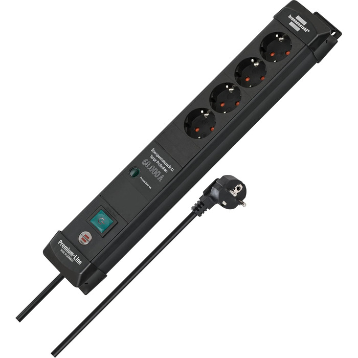 Бренненштуль Преміум-лайн: мережевий фільтр 6 виходів з захистом від перенапруги до 60 000A (з вимикачем та 3м кабелем, для монтажу на стіну, Made in Germany), чорний (струмопровід 60 000A, комплект мережевої стрічки)