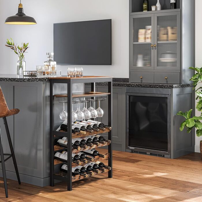 SONGMICS Wine Rack, for 24 Wine Bottles, Freestanding, Bottle Rack with Glass Holders, for Kitchen, Bar, Dining Room, vintage brown-black KWR028B01