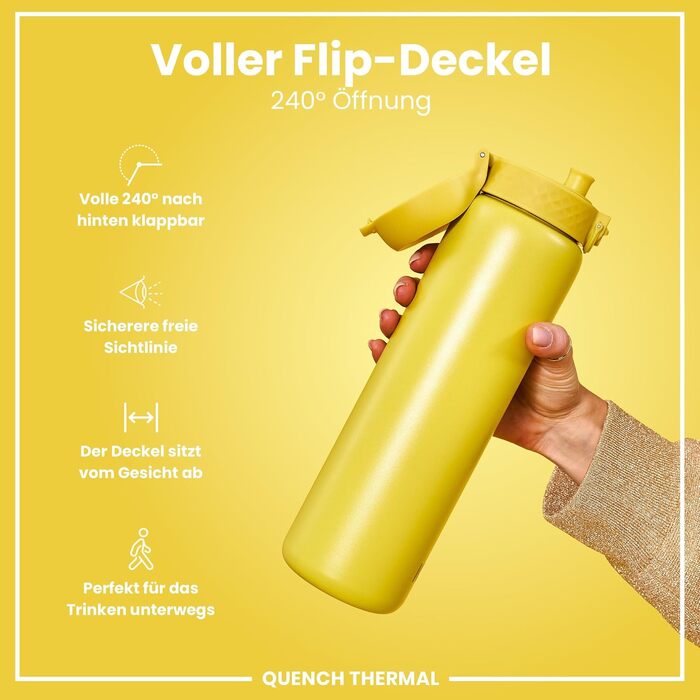 Ion8 Vacuum Insulated Stainless Steel Water Bottle, 1 Liter, 920 ml, Leak-Proof, One-Handed Opening, Secure Locking Mechanism, Dishwasher Safe, Carrying Handle, Durable, Ideal for Sports and Yoga (OneTouch 2.0, Yellow)