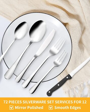 12-Person Flatware Set with Steak Knives, 72-Piece Stainless Steel Flatware Sets, High-Polished and Dishwasher Safe, Elegant Dinnerware, with Knife/Fork/Spoon, for Home, Party, Restaurant