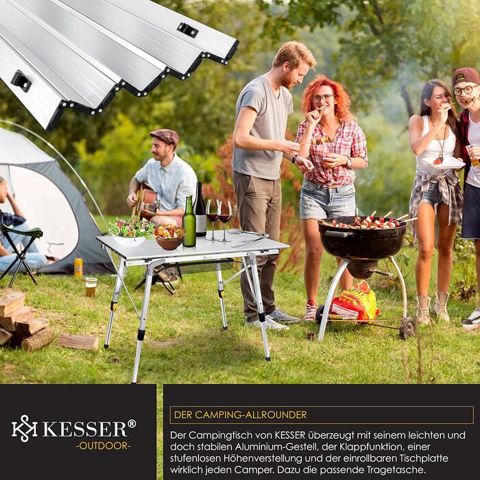 Складний кемпінговий стіл KESSER® з алюмінієвим каркасом 90x53 см, до 100 кг, з сумкою для транспортування (сріблястий)