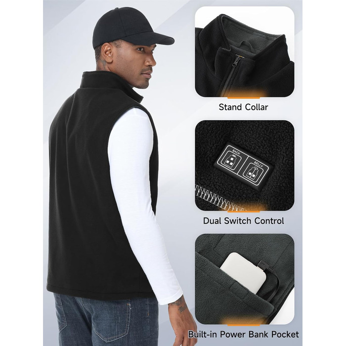 Обогріваючий жилет/куртка з підключенням до Powerbank, Microfleece, 6 зон нагріву, 3 режими температури, для жінок та чоловіків, чорний