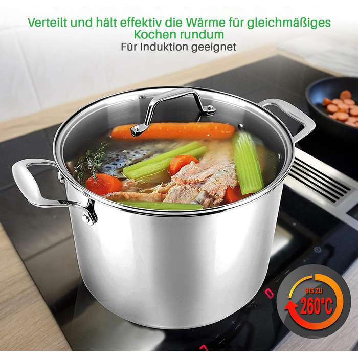 Каструля NutriChef 40 см, 14 л, з кришкою, нержавіюча сталь, для індукції, газу, електро, посудомийної машини, супова, для великих об'ємів
