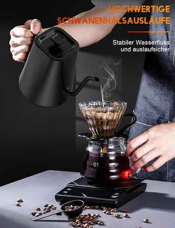 Vmotal Stainless Steel Kettle with Temperature Setting, Swan Neck Kettle, 24-Hour Keep Warm Function, 1200W Electric Kettle with Temperature Display, 1L Coffee Kettle
